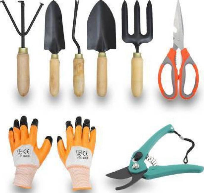 AGT 8 Pcs Gardening Tool Set with Wooden Handle,Quality Gardening Work Set of Cultivator, Hand Rack, Weeder, Trowel, Pruner Scissor
