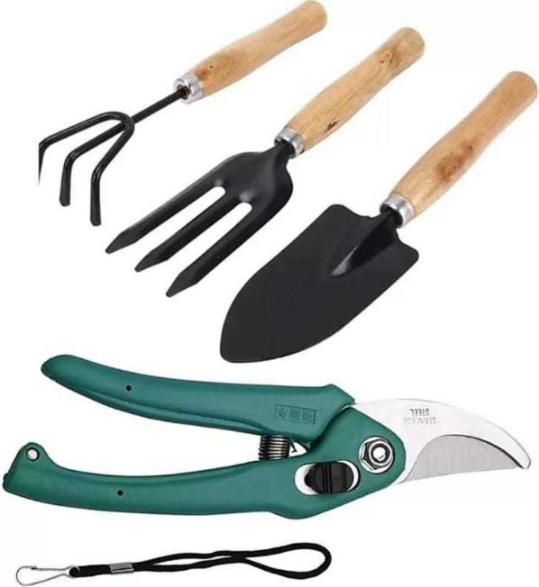 AGT Garden Tool Set Big Trowel, Hand Fork, Hand Rake & Pruner/Cutter for Gardening