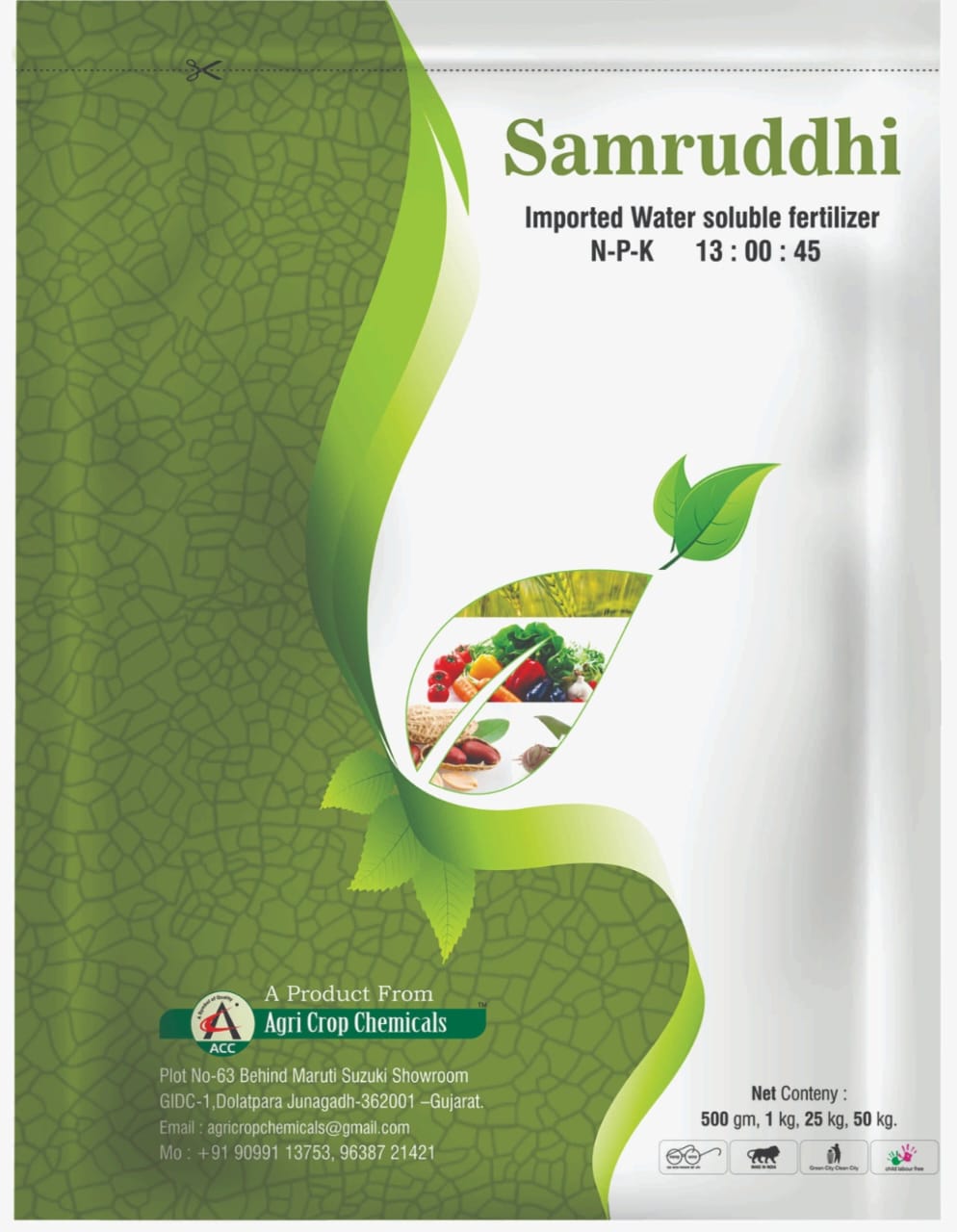 Water Soluble Fertilizer NPK 13:00:45	Samruddhi	 Fertilizer Weight - 1 Kg