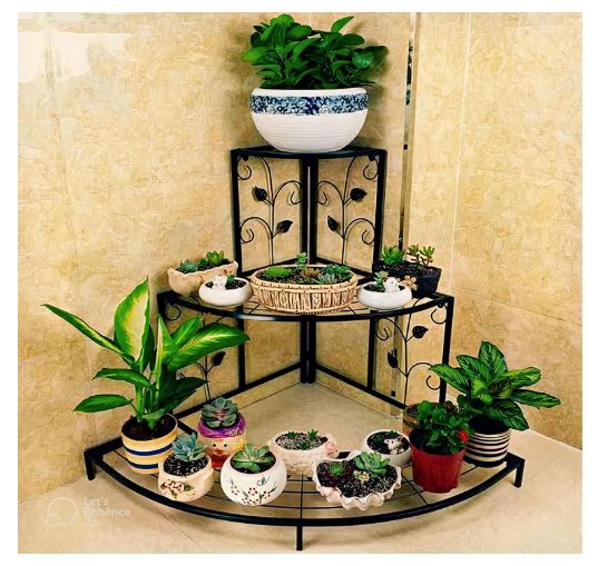 Ramount Craft Enterprises Sturdy Iron New  Corner Pot Stand Perfect Solution for Maximizing Space and Style (Black) With 2.5 Feet Height 